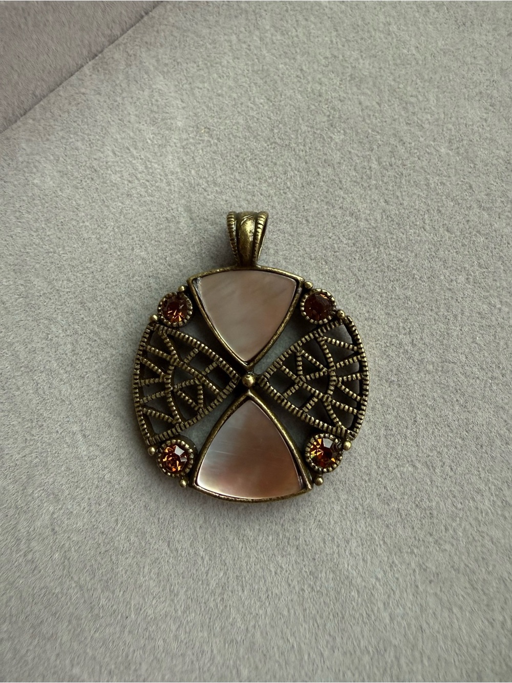 Lia Sophia Mother of Pearl Amber Crystal Filigree Pendant Gold Tone